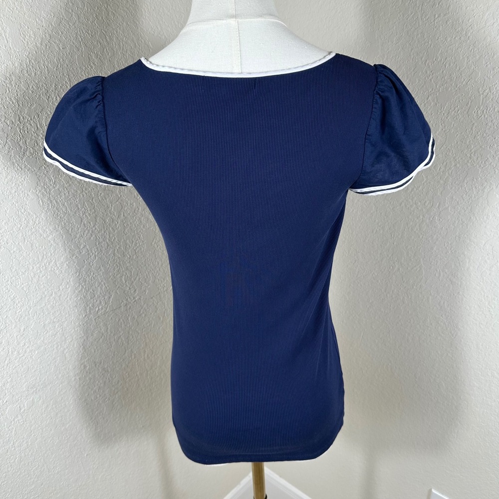 Lauren Ralph Lauren Ribbed Top Women S Navy Blue Black Preppy Coastal Nautical - Picture 3 of 11